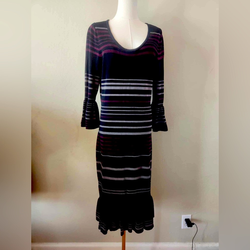 Striped Knit Dress with Flared Sleeves